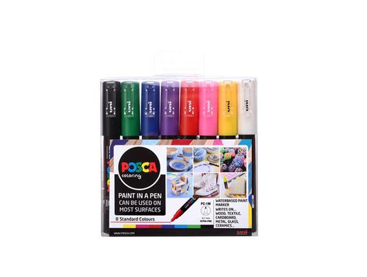Uni Posca Paint Marker Extra Fine, 0.7 - 1mm Bullet Tip - PC-1M, 8 Colour Set