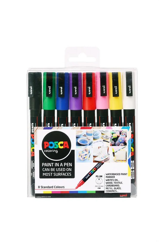 Uni Posca Paint Marker Fine, 0.9 - 1.3mm Bullet Tip - PC-3M, 8 Colour Set